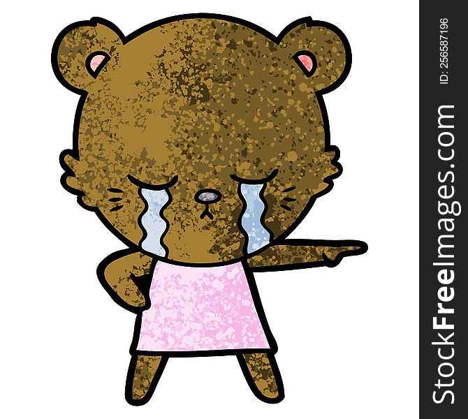 crying cartoon bear in dress pointing. crying cartoon bear in dress pointing