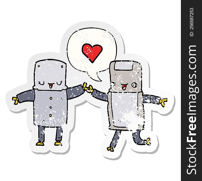 cartoon robots in love and speech bubble distressed sticker