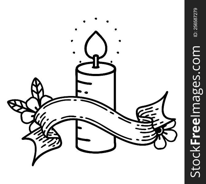 Black Linework Tattoo With Banner Of A Candle