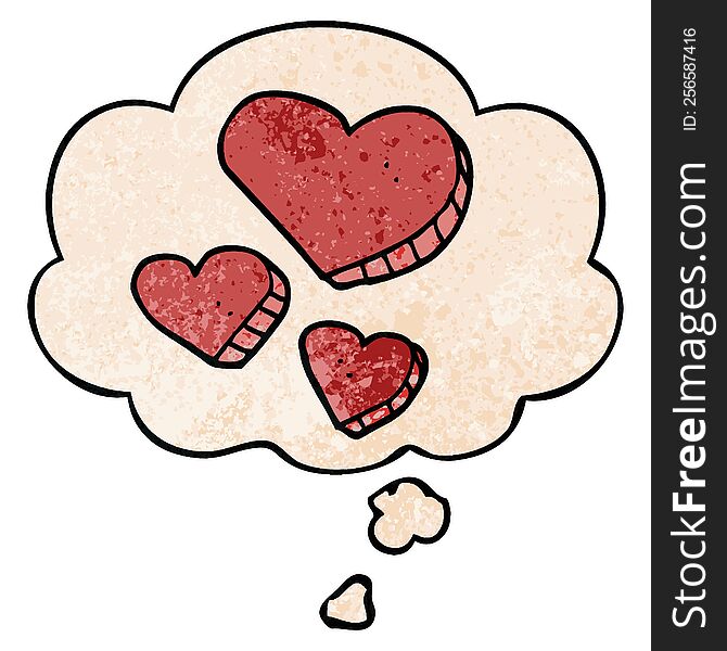 cartoon love hearts and thought bubble in grunge texture pattern style
