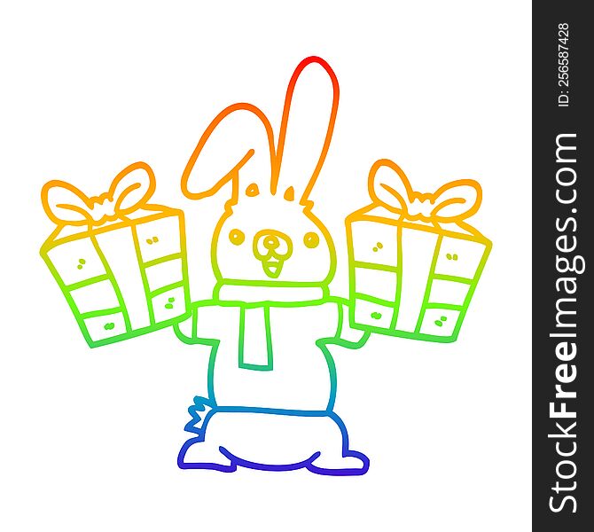 rainbow gradient line drawing of a cartoon rabbit with christmas presents