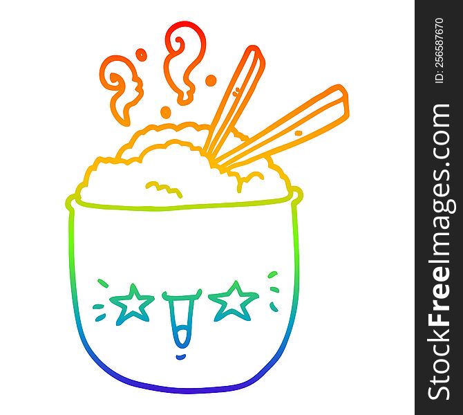rainbow gradient line drawing of a cartoon rice bowl with face