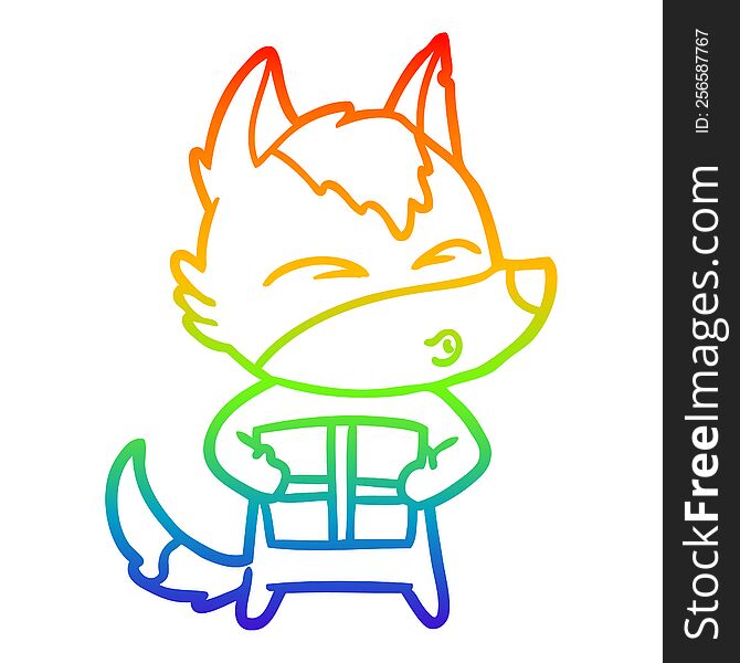 Rainbow Gradient Line Drawing Cartoon Christmas Wolf Whistling