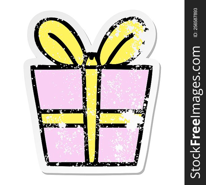 distressed sticker of a quirky hand drawn cartoon present