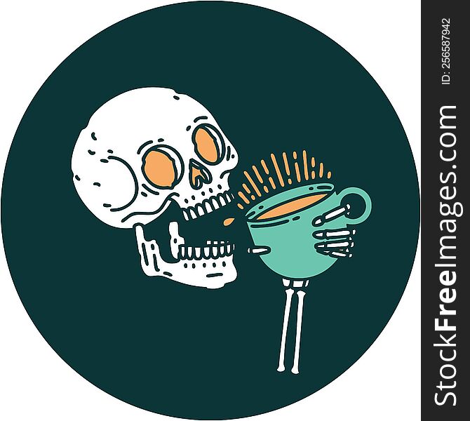 Tattoo Style Icon Of A Skull Drinking Coffee
