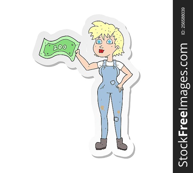 Sticker Of A Cartoon Confident Farmer Woman With Money