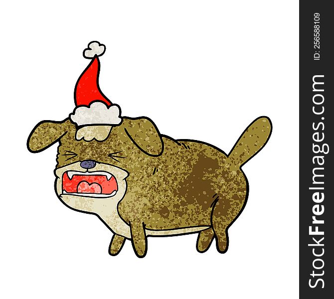 hand drawn textured cartoon of a dog barking wearing santa hat