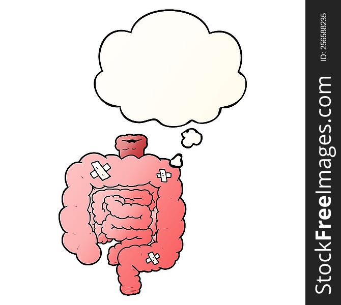 cartoon repaired intestines with thought bubble in smooth gradient style