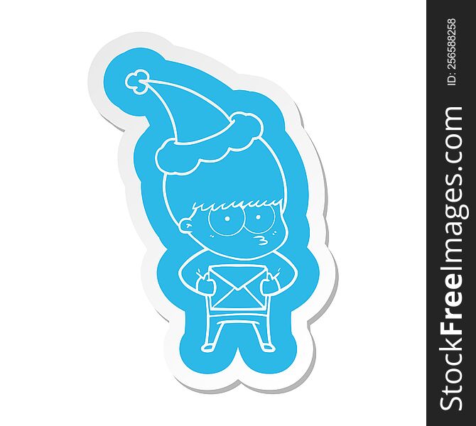 Nervous Cartoon  Sticker Of A Boy Wearing Santa Hat
