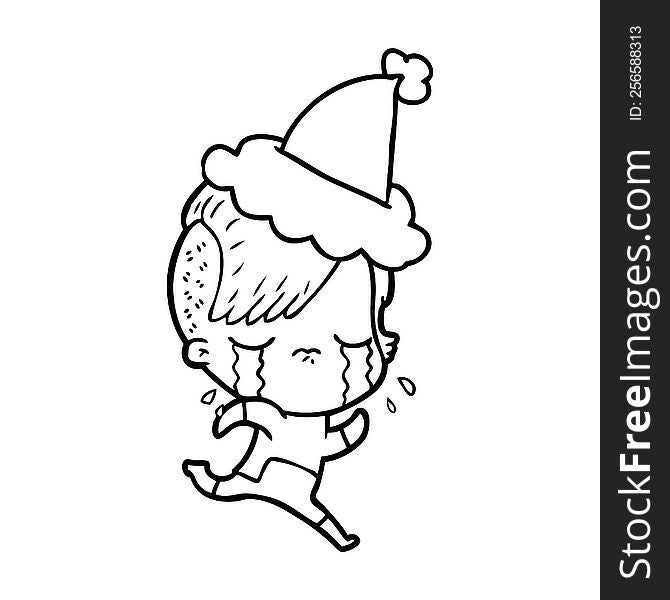 hand drawn line drawing of a crying girl wearing space clothes wearing santa hat