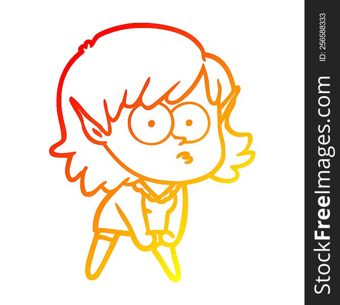 Warm Gradient Line Drawing Cartoon Elf Girl Staring And Crouching