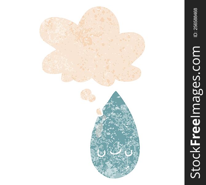 cartoon cute raindrop with thought bubble in grunge distressed retro textured style. cartoon cute raindrop with thought bubble in grunge distressed retro textured style