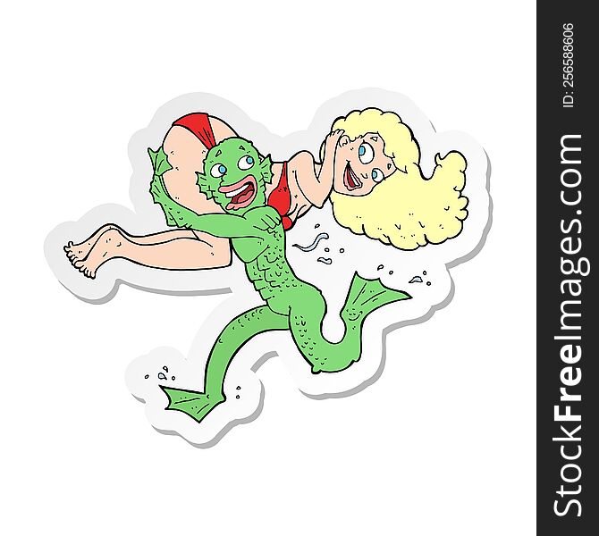 sticker of a cartoon swamp monster carrying girl in bikini