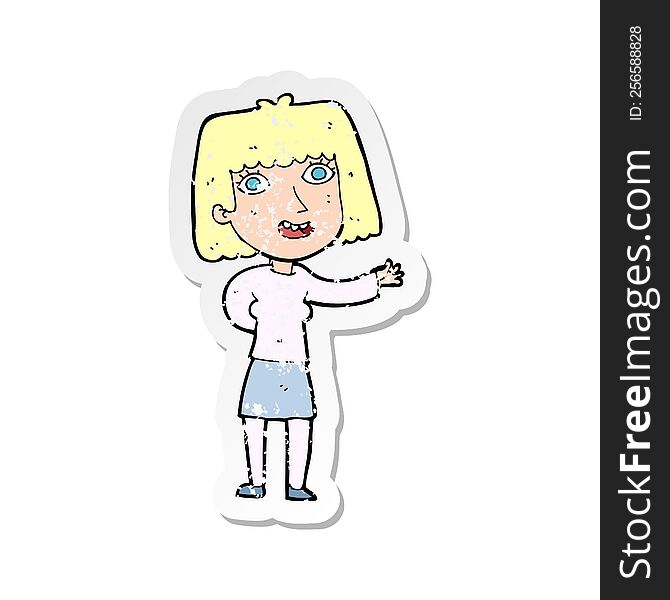Retro Distressed Sticker Of A Cartoon Friendly Woman Waving