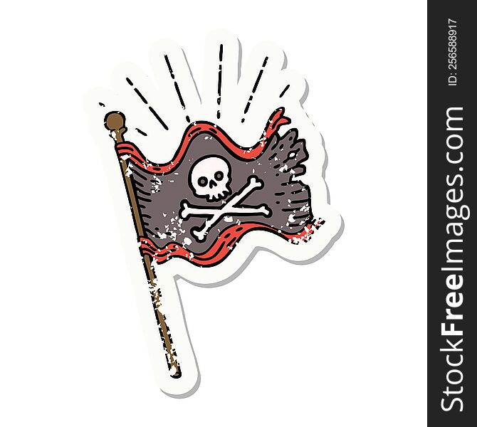 Grunge Sticker Of Tattoo Style Waving Pirate Flag