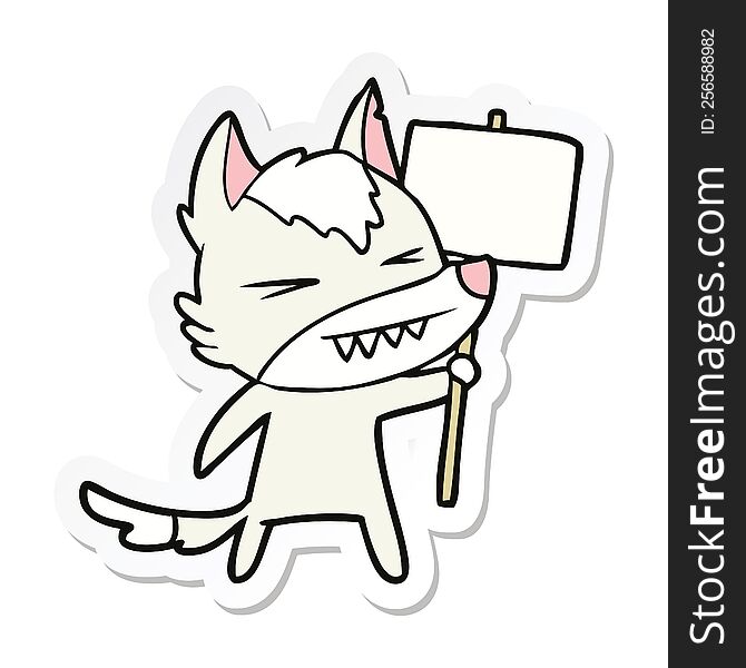 sticker of a angry wolf cartoon with placard