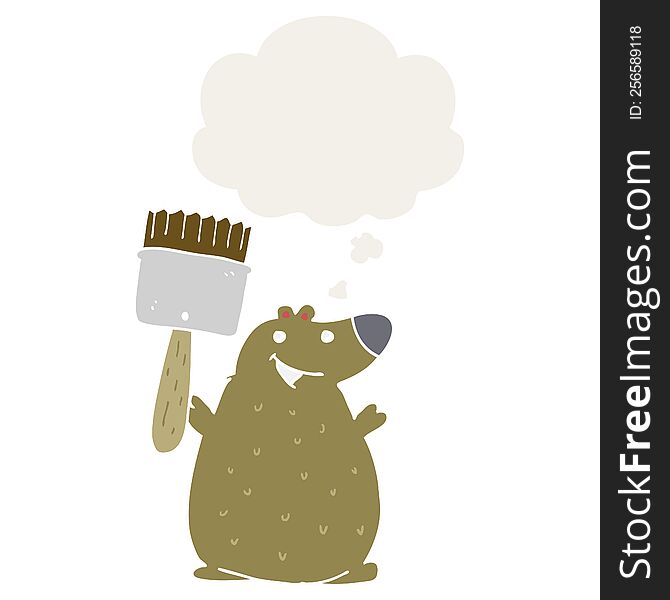 cartoon bear with paint brush with thought bubble in retro style