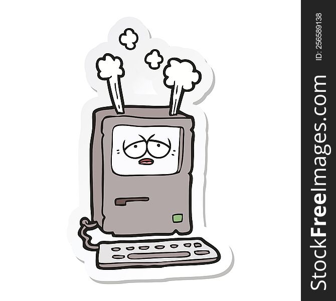 Sticker Of A Cartoon Tired Computer Overheating