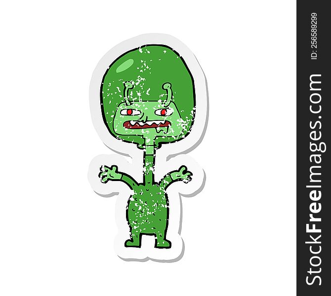 retro distressed sticker of a cartoon space alien