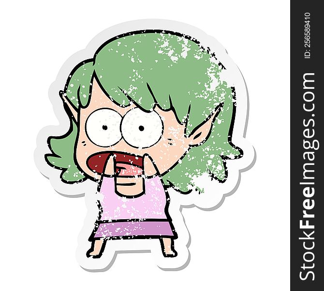 distressed sticker of a cartoon shocked elf girl