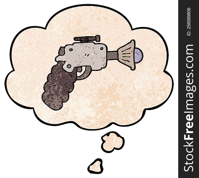 Cartoon Ray Gun And Thought Bubble In Grunge Texture Pattern Style