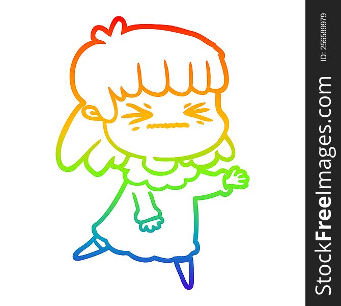 Rainbow Gradient Line Drawing Cartoon Angry Girl