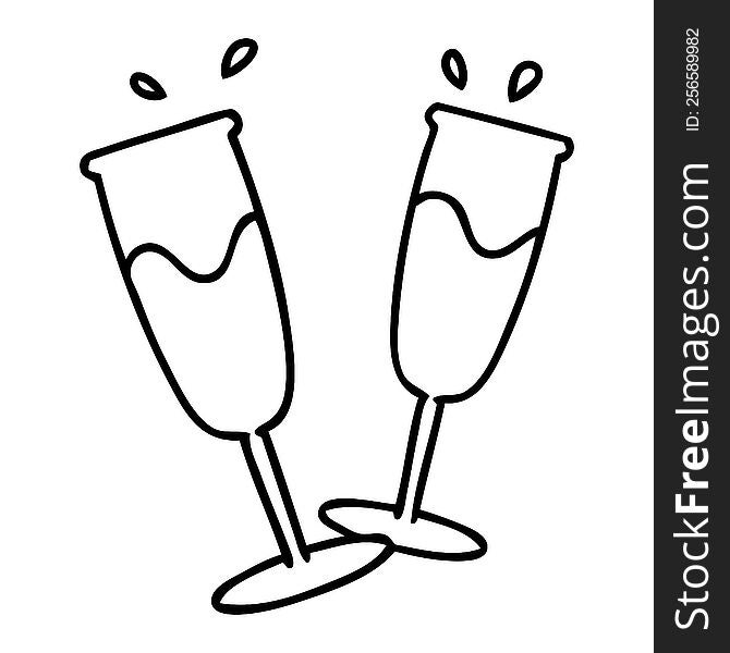 line doodle of two champagne glasses raising a toast. line doodle of two champagne glasses raising a toast