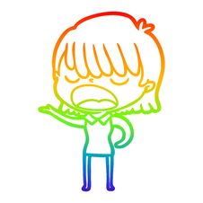 Rainbow Gradient Line Drawing Cartoon Woman Talking Loudly Stock Photo