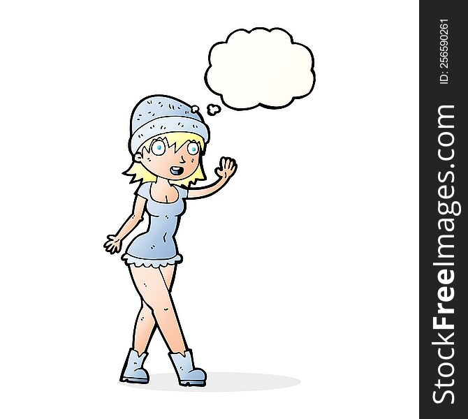 cartoon pretty girl in hat waving with thought bubble