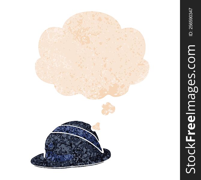 Cartoon Bowler Hat And Thought Bubble In Retro Textured Style
