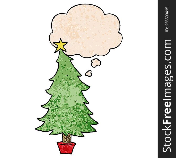 Cartoon Christmas Tree And Thought Bubble In Grunge Texture Pattern Style