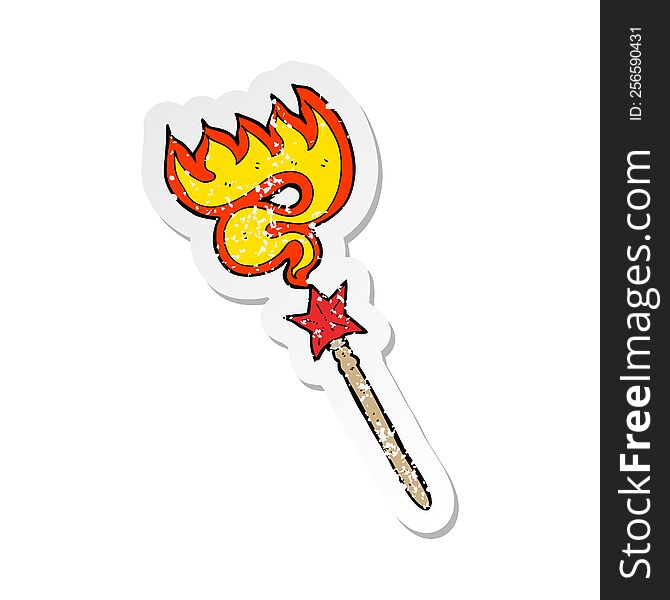 Retro Distressed Sticker Of A Cartoon Magic Wand Casting Fire Spell