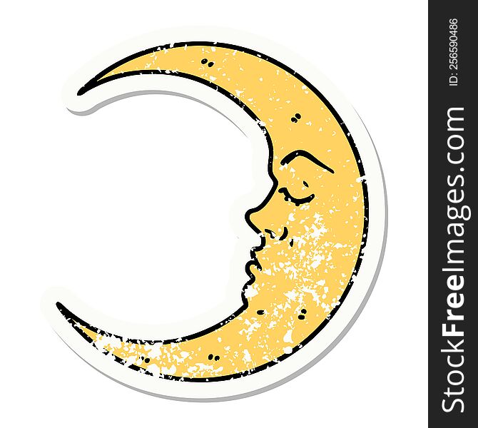 distressed sticker tattoo in traditional style of a crescent moon. distressed sticker tattoo in traditional style of a crescent moon
