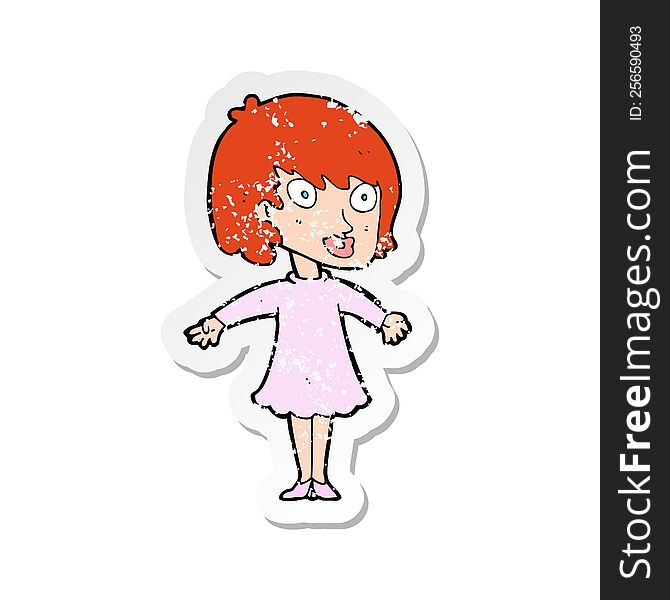 Retro Distressed Sticker Of A Cartoon Woman Wearing Dress