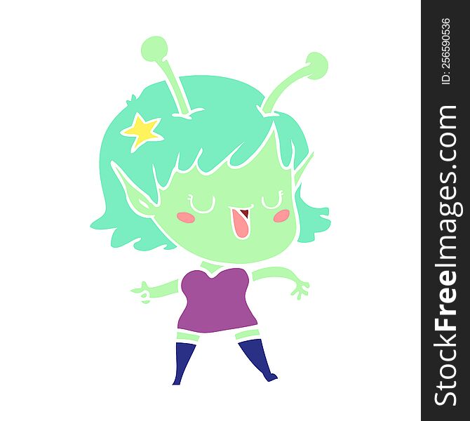 Happy Alien Girl Flat Color Style Cartoon