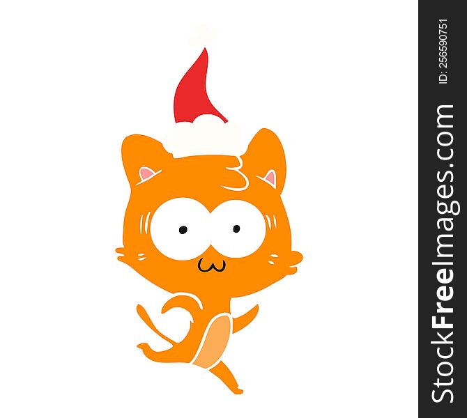 hand drawn flat color illustration of a surprised cat running wearing santa hat