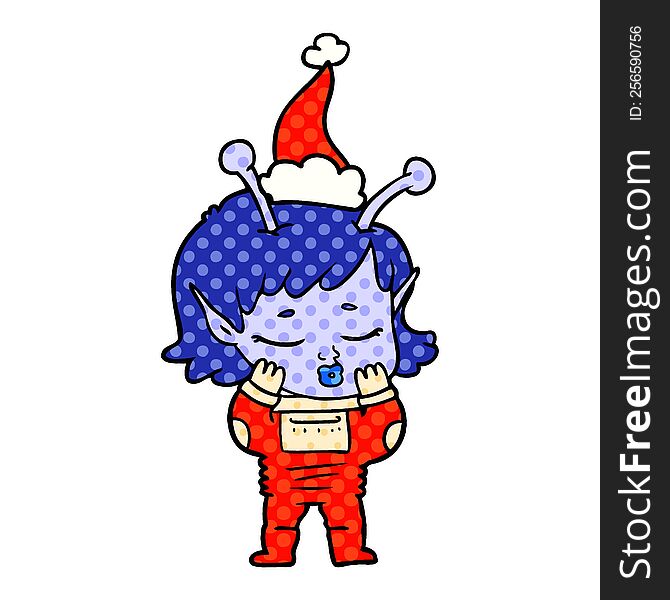 hand drawn comic book style illustration of a alien girl wearing santa hat