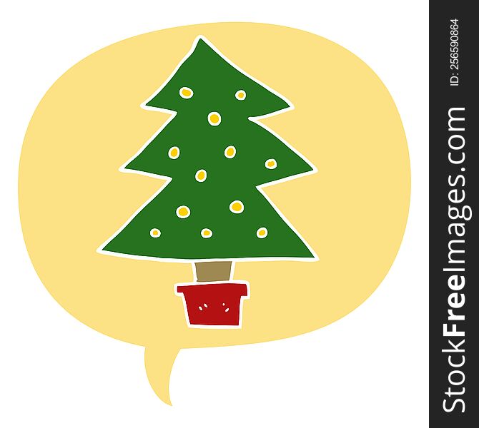 Cartoon Christmas Tree And Speech Bubble In Retro Style