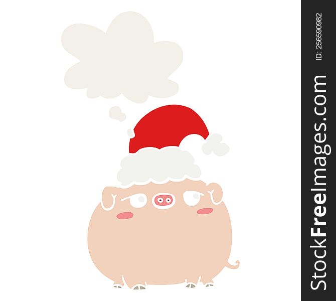 Cartoon Pig Wearing Christmas Hat And Thought Bubble In Retro Style