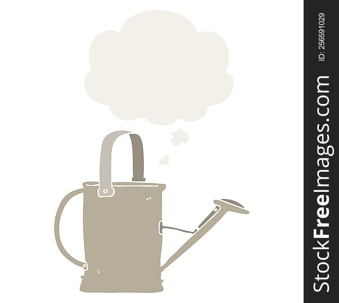 cartoon watering can with thought bubble in retro style
