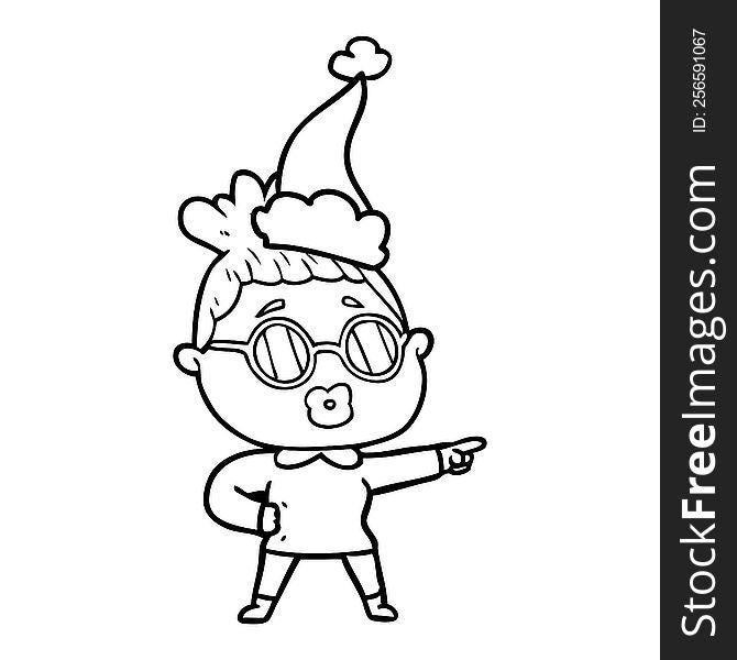 hand drawn line drawing of a pointing woman wearing spectacles wearing santa hat