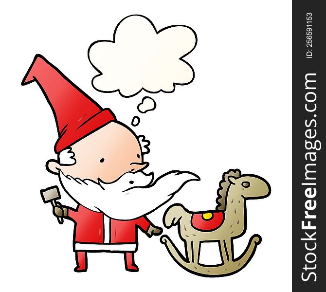 Cartoon Santa Making Toy And Thought Bubble In Smooth Gradient Style