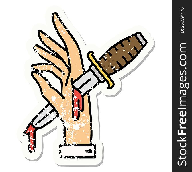 Traditional Distressed Sticker Tattoo Of A Dagger In The Hand