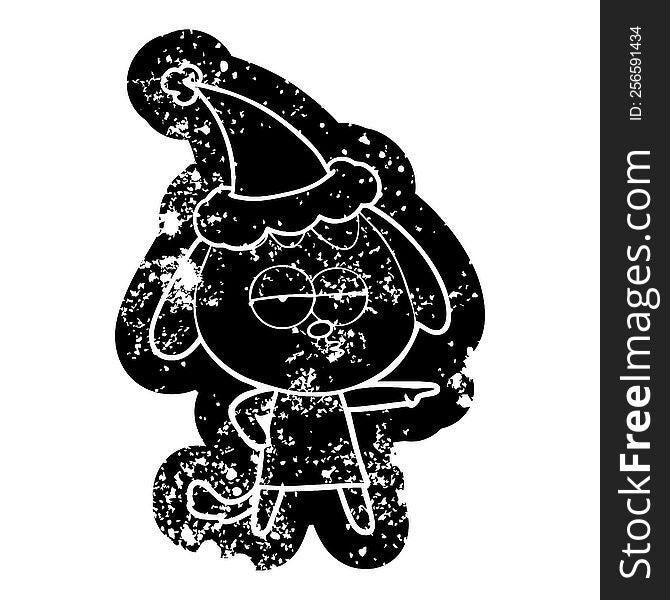 Cartoon Distressed Icon Of A Bored Dog Wearing Santa Hat