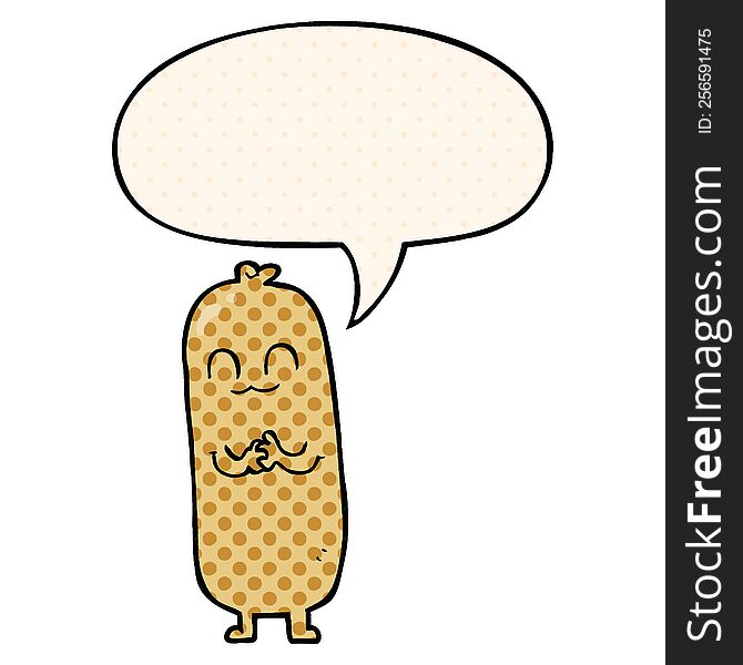cartoon sausage with speech bubble in comic book style