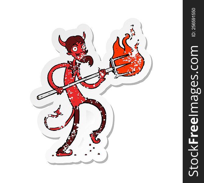Retro Distressed Sticker Of A Cartoon Devil With Pitchfork