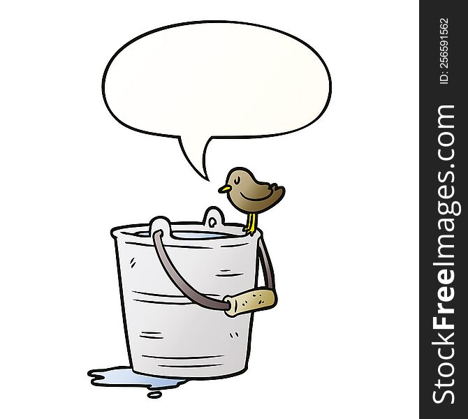 cartoon bird looking into bucket of water with speech bubble in smooth gradient style