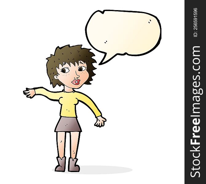 Cartoon Friendly Woman Waving With Speech Bubble