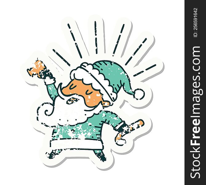 worn old sticker of a tattoo style santa claus christmas character celebrating