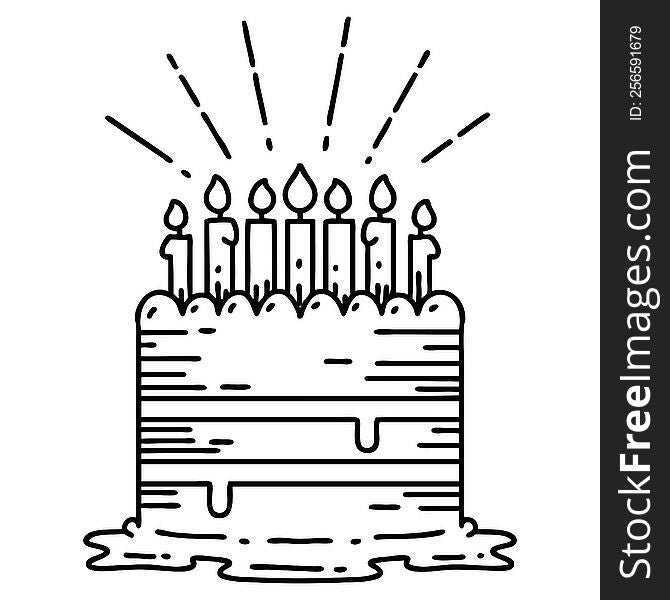 illustration of a traditional black line work tattoo style birthday cake